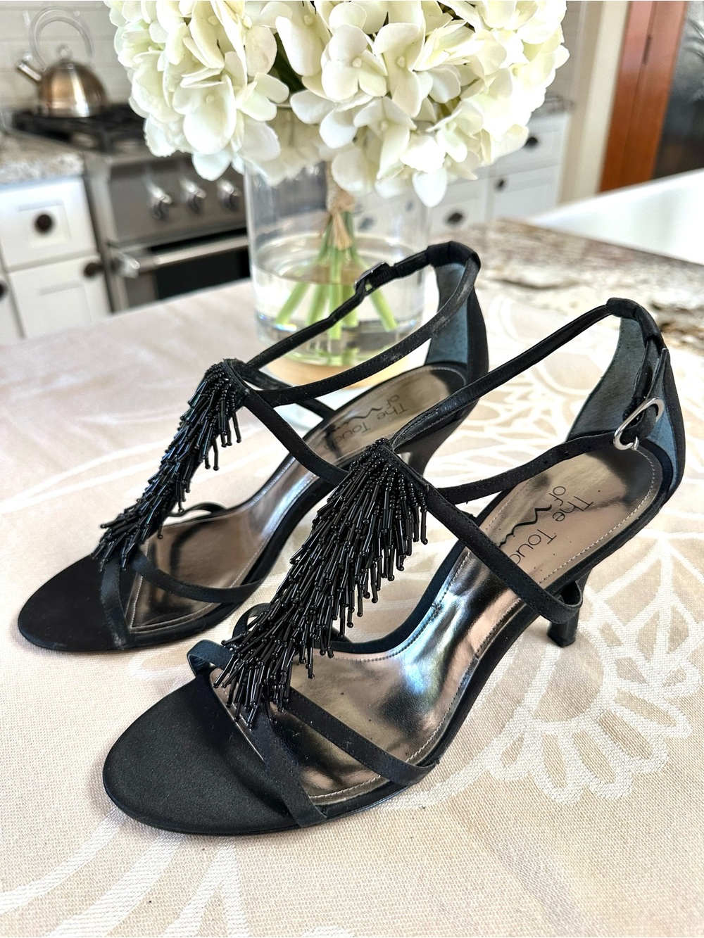 The Touch of Nina Black Beaded Fringe Dress Sandals Heels Size 9M - Picture 3 of 9